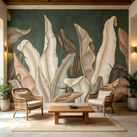 Papier peint mural de luxe commercial à motif feuille de bananier dorée, vert foncé, tropical, pour chambre d'hôtel, restaurant, revêtement mural