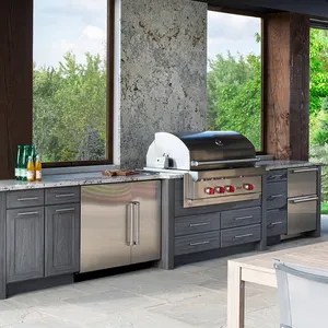 خزانة مطبخ حديثة متطورة من الفولاذ المقاوم للصدأ 304 للاستخدام في الهواء الطلق Bbq مع أبواب خزانة مطبخ زجاجية للحديقة