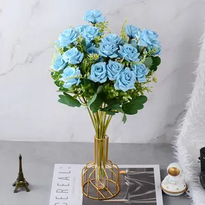 Atacado Barato China Silk 9 Cabeças Bouquet Flor Artificial em Massa Rose Bush para Casamento Decoração de Casa