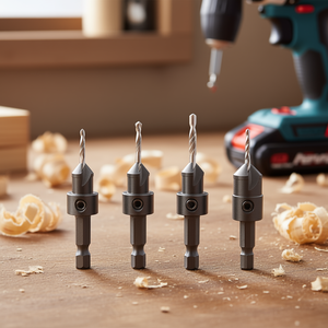 Brocas avellanadoras Fervi para madera, juego de 4 piezas con punta de taladro y vástago hexagonal - Product Image 3