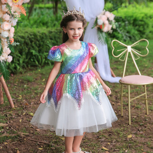 Girls Rainbow Sequin Princess Dress A-Line Tulle Skirt Performance Costume For Children's Day Christmas Party - Product Image 1