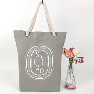 New Summer Beach Tote Bags Women Hand Bags With Logo Large Canvas Zipper Custom Beach Bag With Cotton Rope Handle