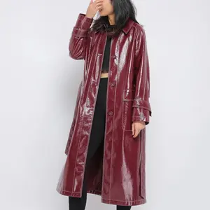 Gabardina larga de cuero sintético para mujer, gabardina delgada con cinturón para motocicleta, color rojo vino
