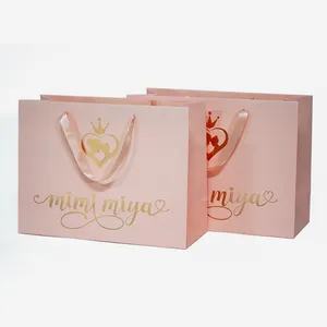 Custom Printing Gold Foil Private Logo Take Away Cardboard Paper Bag With Ribbon Handles For Packaging And Shopping