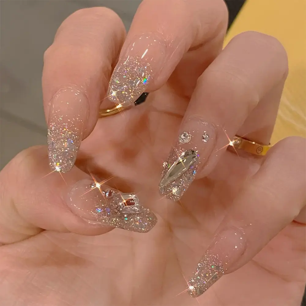 Punta francesa ataúd uñas postizas diamantes de imitación acrílico uñas artificiales uñas postizas prensa en las uñas al por mayor