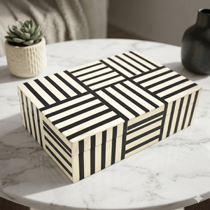 Luxury <b>Black</b> & White Striped Decorative <b>Storage</b> <b>Box</b> with Lid Modern Geometric Resin Organizer <b>for</b> Home Décor at Wholesale Price - Product Image 1
