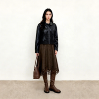 Ensemble jupe 2 pièces personnalisé D&M pour femme, haut en dentelle en similicuir à manches longues et jupe midi évasée, tenue vintage assortie