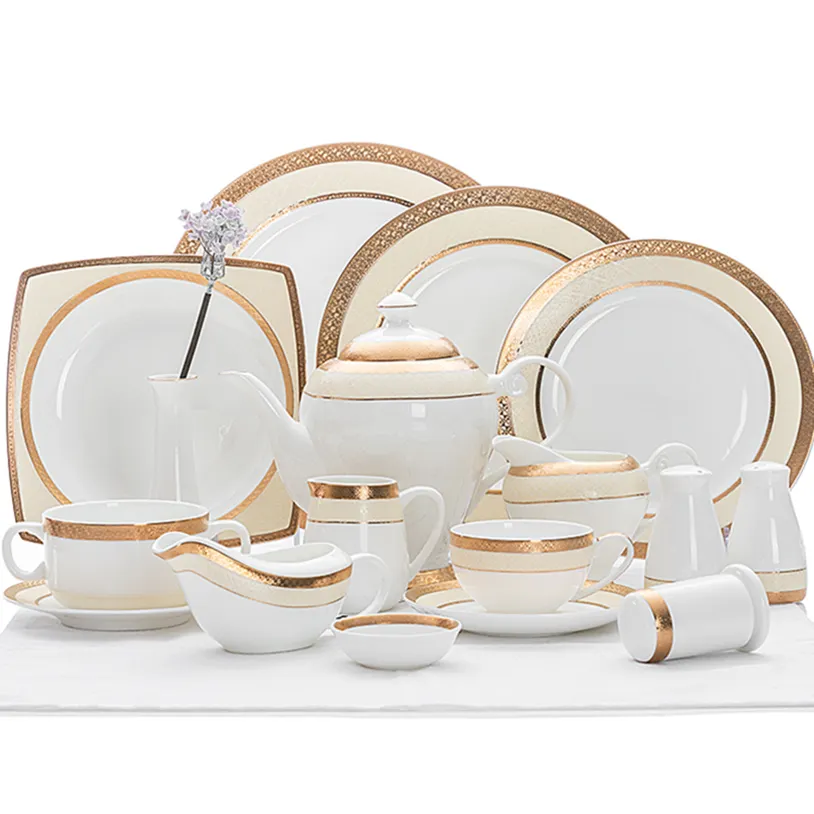 Высококачественный обеденный набор для отеля Royal Fine China, горячая Распродажа, обеденный набор для ресторана, набор обеденных тарелок с золотым ободком @