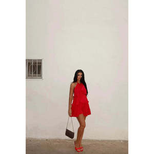 Robe élégante décontractée formelle à volants en géorgette translucide à motif uni Henrika rouge Tailles XS XL 6XL pour les occasions de vacances de jour - Product Image 3