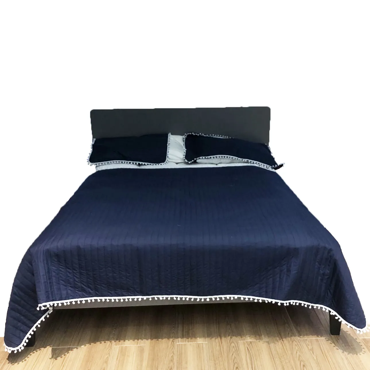 Juego de 3 piezas de ropa de cama de poliéster liso, colcha azul con estilo de encaje blanco, tamaño personalizado