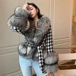 OFTBUY 2024 Fashion Winter Jacket Women Belt Coat Natural Real Silver Fox Fur Collar Black White Plaid New Warm Streetwear