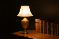 Lampe de chevet LED de style européen avec abat-jour en tissu crème, base en métal lourd, intensité variable, température de couleur personnalisable pour