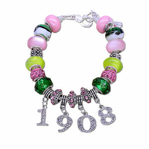 Elegante Piedra Rosa y verde Símbolo alfa griego año de fundación 1908 encantos decorados pulsera Soror ajustable con cuentas de lujo - Product Image 1