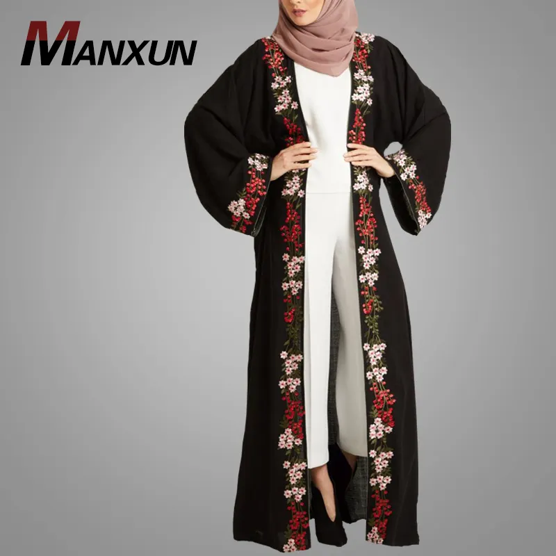 Abaya-Kimono largo musulmán de manga larga con bordado, Abaya negro, a la moda