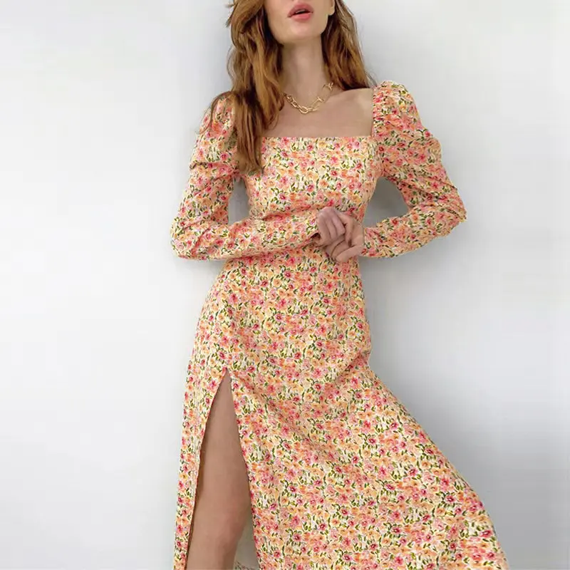 Customize Floral Print Midi Dress Women Long Sleeve Puff Sleeve Side Split Lady Elegant Square Collar Casual Floral Long Dresses