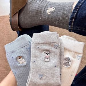 Cute Puppy And Kitten Cartoon Mid Calf Socks For Women Sweat Absorbent Antibacterial Regular Casual Socks With Bow Pattern - Product Image 3