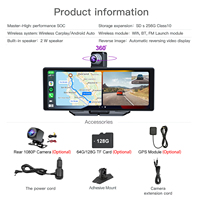 10.26'' Perekam Mengemudi 1080P 4K Kamera Pandangan Belakang Nirkabel Carplay Android Auto Layar Terpisah Mirror Link 1 Tahun DVR untuk