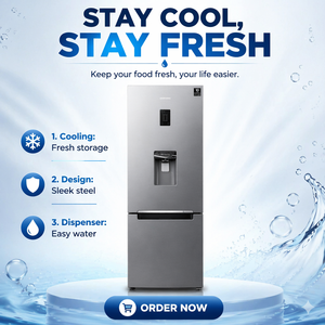 Réfrigérateur <span class=keywords><strong>Samsung</strong></span> à double porte <span class=keywords><strong>couleur</strong></span> argent 330L avec distributeur d'eau, congélateur bas, refroidissement par air, économie d'énergie - Product Image 1