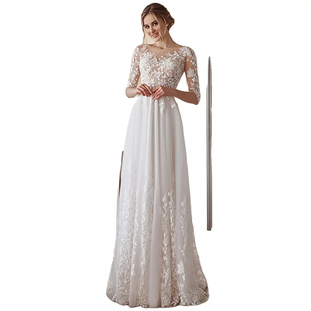 13985# Fashion Tulle Lace Half Sleeve Wedding Dress V-Neck Elegant A-Line Floor-Length Bridal Gown For Women Button Custom Made