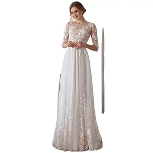 13985 # mode Tulle renda setengah lengan gaun pernikahan leher V elegan A-Line panjang lantai gaun pengantin untuk wanita kancing dibuat sesuai pesanan