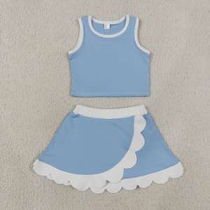 GSD4084 Rts Conjunto de Falda y Top sin Mangas Azul Liso con Estampado para Niñas Pequeñas, Venta al por Mayor, Ropa Infantil de Verano, Conjunto de Yoga Informal de Lana Peinada - Product Image 1