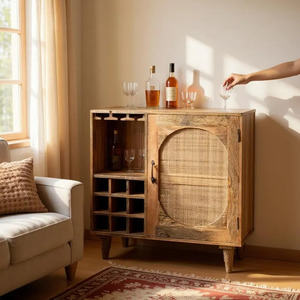 Meuble bar moderne en bois de manguier massif avec porte en rotin et rangement pour vin, design autoportant, dimensions 90 x 40 x 90 cm - Product Image 6