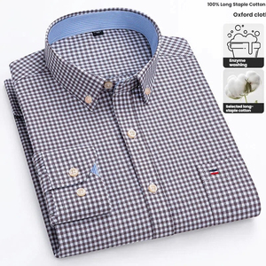 Camisa de Manga Larga <span class=keywords><strong>a</strong></span> Cuadros Clásica para Hombre, Gris, 100% Algodón, Transpirable, Casual, con Botones, para Oficina y Negocios - Product Image 4