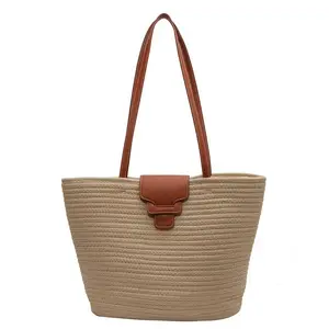 Women Straw Beach Tote Bag Korean Design Large Capacity Cotton Line Woven Straw Travel Handbag