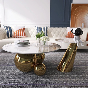 Juego de dos mesas redondas de centro modernas con <span class=keywords><strong>base</strong></span> de pedestal de acero inoxidable con parte superior de piedra sinterizada y diseño de lujo contemporáneo - Product Image 1