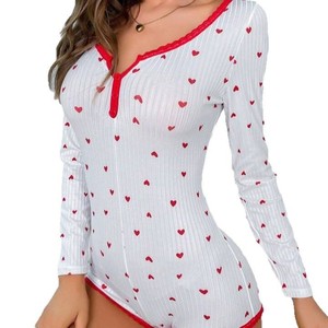 Pyjamas pour femmes en e-commerce transfrontalier, combinaison côtelée jacquard à imprimé cœur, très vendue en Europe et en Amérique, pour femmes - Product Image 5