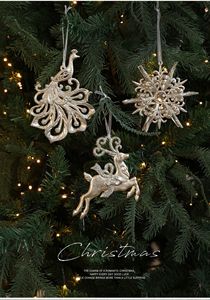 Set di Decorazioni Natalizie 2026 con <span class=keywords><strong>Glitter</strong></span> Dorato, Ornamenti a Forma di Cervo, Pavone, Fiocco di Neve e Carosello in Plastica da Appendere all'Albero di Natale - Product Image 2