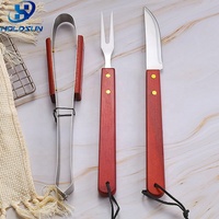 Ensemble d'outils de barbecue professionnel multifonctionnel en acier inoxydable 3 pièces avec logo personnalisé, couteau, fourchette et pince, de qualité alimentaire, avec manche en bois