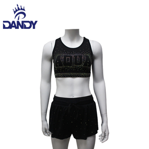 Haute qualité pom-pom girl pratique personnalisé <span class=keywords><strong>Train</strong></span> uni noir avec strass logo Cheer débardeurs et shorts uniforme porter - Product Image 6