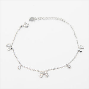 925 <b>Sterling</b> <b>Silver</b> Adjustable <b>Bracelet</b> Pave Zircon Bow <b>Charm</b> <b>Bracelet</b> with Rhodium Plated Chain - Product Image 1