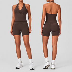 Women Gym Workout Set Halter <b>Padded</b> Sports Tank Top High Waist Ruched Butt Biker Shorts Yoga Activewear - Product Image 1