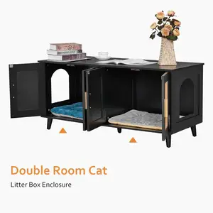 Holz katze Waschraum möbel Katzen toilette Möbel versteckt mit doppelten Rattan dekorierten Türen