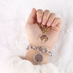 Fashion Geometric <b>Tree</b> of Life Bezel Set Rhinestone Bracelet Zinc Alloy Chain Jewelry Gift for Women - Product Image 1