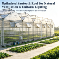 Serre en acier multi-chapelles à profil dentelé intelligent avec tunnels d'accès connectés, film PE agricole, filet d'ombrage et ventilateurs de refroidissement