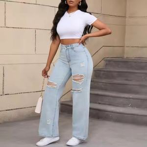 Nuevas llegadas: Jeans casuales de tiro bajo personalizados, de pierna ancha, holgados, rectos, lavados, estilo baggy para niñas. - Product Image 6