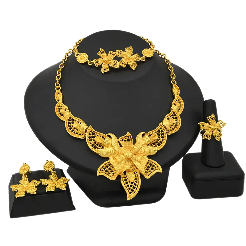 Dubai 24K Gold Schmuck Sets für Frauen Afrikanische Braut Hochzeits geschenke Blume Halskette Ohrringe Ring Armband Aussage Schmuck Set