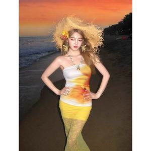 Conjunto de 1 Pieza para Mujer, Top sin Tirantes con Estampado Floral, Falda Brasileña de Tul con Encaje, Traje de Playa Elástico de Poliéster/Algodón, Asimétrico con Perlas - Product Image 3