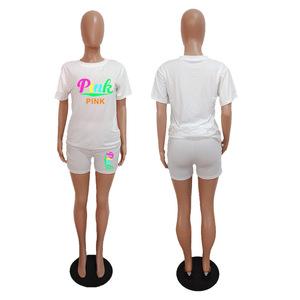 S-5XL 2025 estivo t-shirt con Shorts <span class=keywords><strong>rosa</strong></span> con stampa lettera tuta due pezzi Set abbigliamento 2 pezzi - Product Image 2