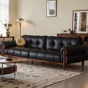 फ्रेंच विंटेज टॉप-ग्रेन वाक्स्ड काउहाइड सोफे पियानो कुंजी सिलाई सीधे-पंक्ति डिजाइन आधुनिक काले अमेरिकी-प्रेरित लिविंग रूम - Product Image 1