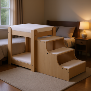 Cama tipo litera para mascotas con escaleras, beige, pequeña, muebles modernos de madera para interiores, para perros y gatos, uso junto a la cama - Product Image 2