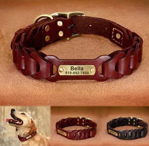 Collar de perro de cuero genuino, collares de perro medianos y grandes de cuero personalizados, collares de identificación de mascotas personalizados para perros, nombre grabado de Pitbull