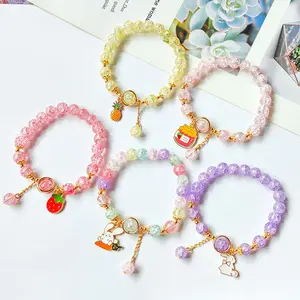 PULSERAS CON ABALORIOS de animales de dibujos animados de conejo para niñas, Regalos de Pascua, brazaletes de cuentas de vidrio coloridos elásticos para niños