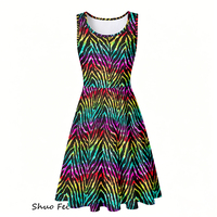 Robe skater sans manches pour femmes, imprimé rayé zèbre arc-en-ciel, robe d'été trapèze avec poches latérales, motif animal coloré et vibrant