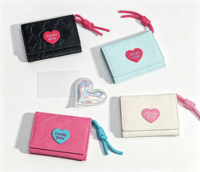 Dompet Lipat Kulit PU Pola Hati Warna Permen, Tempat Kartu Multi-Fungsi, Dompet Pendek Ringan Wanita, Tas Kartu Pelajar