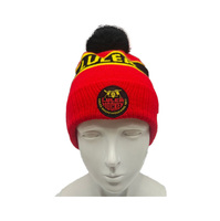 Casquette en tricot style sportif avec pompon, logo LULEA rayé et patch brodé – Bonnet chaud polyvalent 100 % acrylique pour les rassemblements de fans
