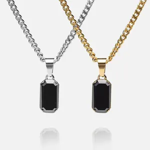 Waterproof Gemstone Jewelry Street Style Natural Stone Void Necklace Silver 18k Gold Stainless Steel Black Onyx Pendant Necklace